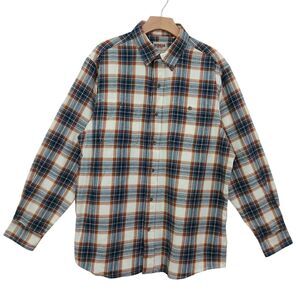 RedHead Flannel Shirt Mens Large Brown Blue Plaid Long Sleeve Cotton Lumberjack